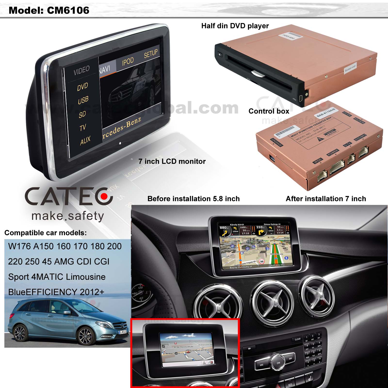 car DVD player GPS navigation radio head unit Mercedes-Benz A class W176